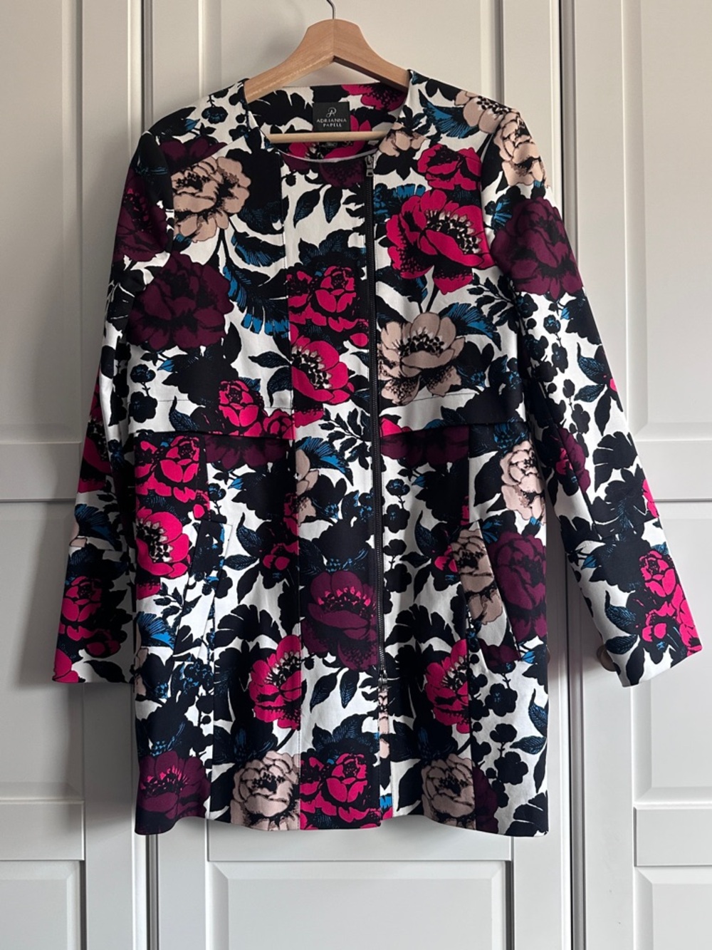 Adrianna Papell Floral Collarless Blazer in Pink, Black & Cream